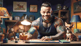 A Diamond Painting Rendering Of A Tattooed Man Smiling While Working On A Craft Project With A Chihuahua Sitting On The Table Beside Him. Size - 70cm X 40cm