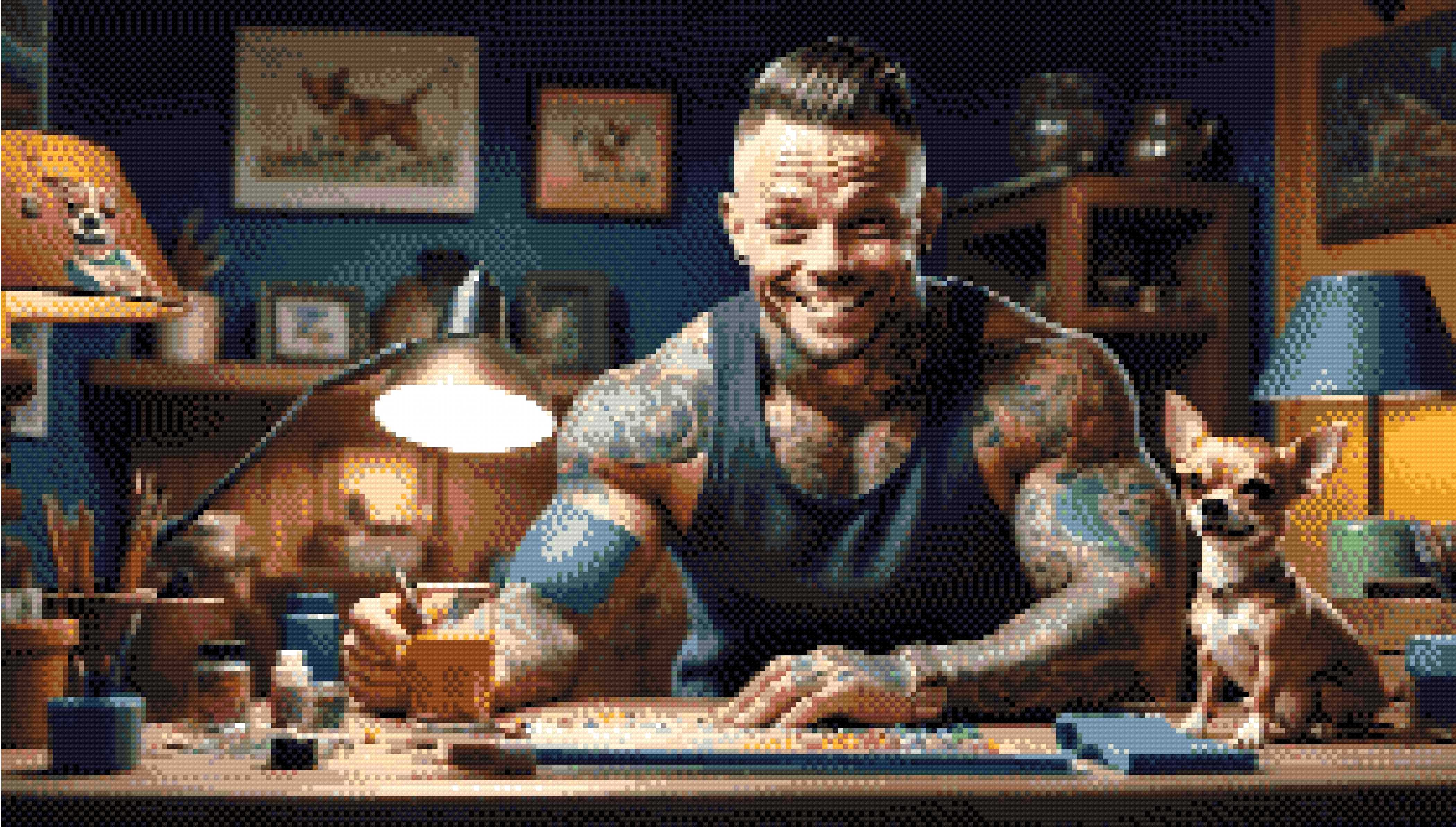A Diamond Painting Rendering Of A Tattooed Man Smiling While Working On A Craft Project With A Chihuahua Sitting On The Table Beside Him. Size - 70cm X 40cm