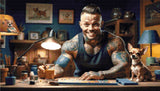 A Diamond Painting Rendering Of A Tattooed Man Smiling While Working On A Craft Project With A Chihuahua Sitting On The Table Beside Him. Size - 70cm X 40cm