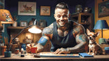 A Diamond Painting Rendering Of A Tattooed Man Smiling While Working On A Craft Project With A Chihuahua Sitting On The Table Beside Him. Size - 90cm X 50cm