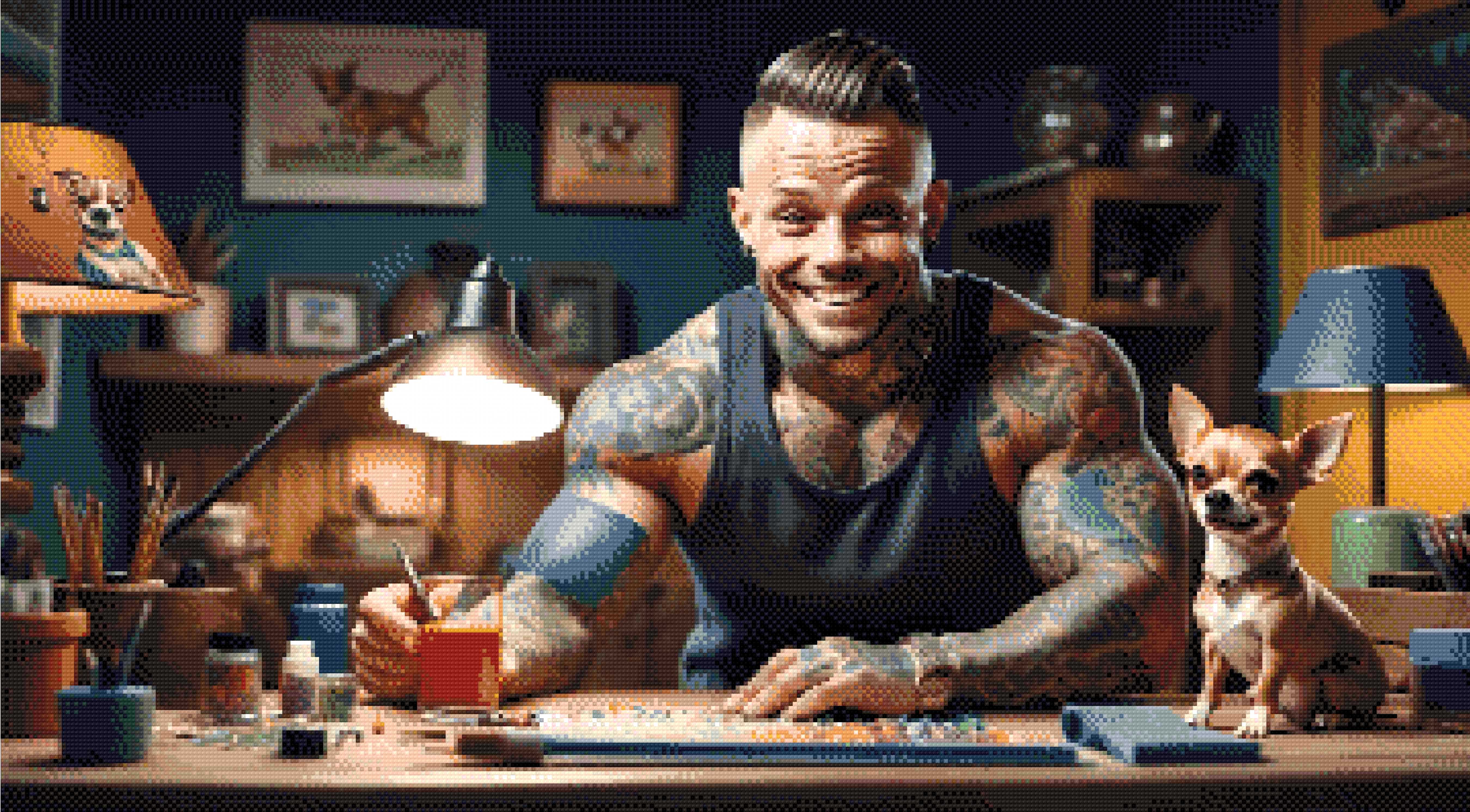A Diamond Painting Rendering Of A Tattooed Man Smiling While Working On A Craft Project With A Chihuahua Sitting On The Table Beside Him. Size - 90cm X 50cm