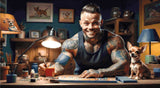 A Diamond Painting Rendering Of A Tattooed Man Smiling While Working On A Craft Project With A Chihuahua Sitting On The Table Beside Him. Size - 90cm X 50cm
