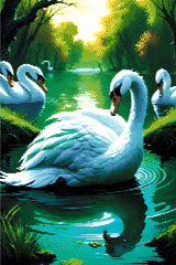 A Diamond Painting Rendering Of A Group Of Elegant Swans Float On A Tranquil Pond Surrounded By Lush Greenery And Reflected In The Water. Size - 40cm X 60cm