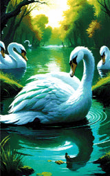 A Diamond Painting Rendering Of A Group Of Elegant Swans Float On A Tranquil Pond Surrounded By Lush Greenery And Reflected In The Water. Size - 50cm X 80cm