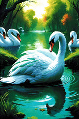 A Diamond Painting Rendering Of A Group Of Elegant Swans Float On A Tranquil Pond Surrounded By Lush Greenery And Reflected In The Water. Size - 60cm X 90cm