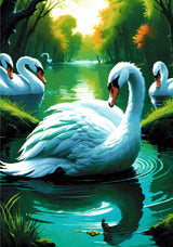 A Diamond Painting Rendering Of A Group Of Elegant Swans Float On A Tranquil Pond Surrounded By Lush Greenery And Reflected In The Water. Size - 70cm X 100cm