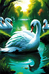 A Diamond Painting Rendering Of A Group Of Elegant Swans Float On A Tranquil Pond Surrounded By Lush Greenery And Reflected In The Water. Size - 80cm X 120cm
