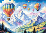 A Diamond Painting Rendering Of Colourful Hot Air Balloons Floating Over A Mountain Landscape With Snow-capped Peaks And Green Rolling Hills. Size - 110cm X 80cm
