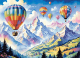 A Diamond Painting Rendering Of Colourful Hot Air Balloons Floating Over A Mountain Landscape With Snow-capped Peaks And Green Rolling Hills. Size - 110cm X 80cm