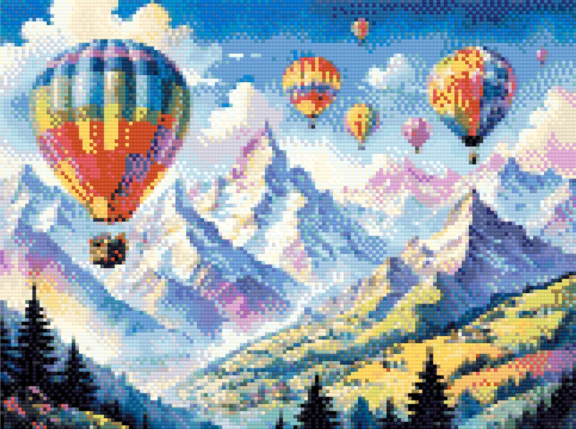 A Diamond Painting Rendering Of Colourful Hot Air Balloons Floating Over A Mountain Landscape With Snow-capped Peaks And Green Rolling Hills. Size - 40cm X 30cm