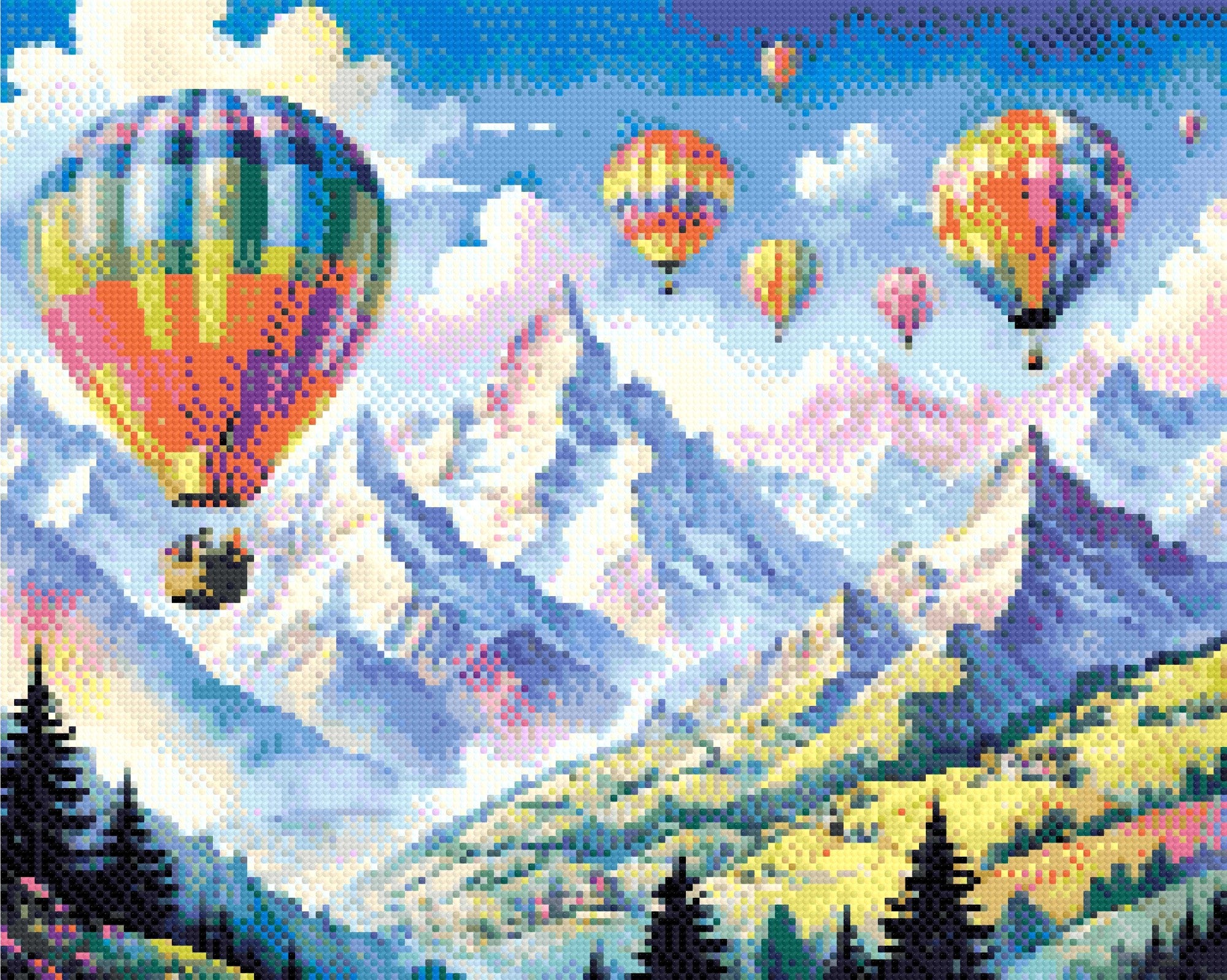A Diamond Painting Rendering Of Colourful Hot Air Balloons Floating Over A Mountain Landscape With Snow-capped Peaks And Green Rolling Hills. Size - 50cm X 40cm