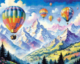 A Diamond Painting Rendering Of Colourful Hot Air Balloons Floating Over A Mountain Landscape With Snow-capped Peaks And Green Rolling Hills. Size - 50cm X 40cm