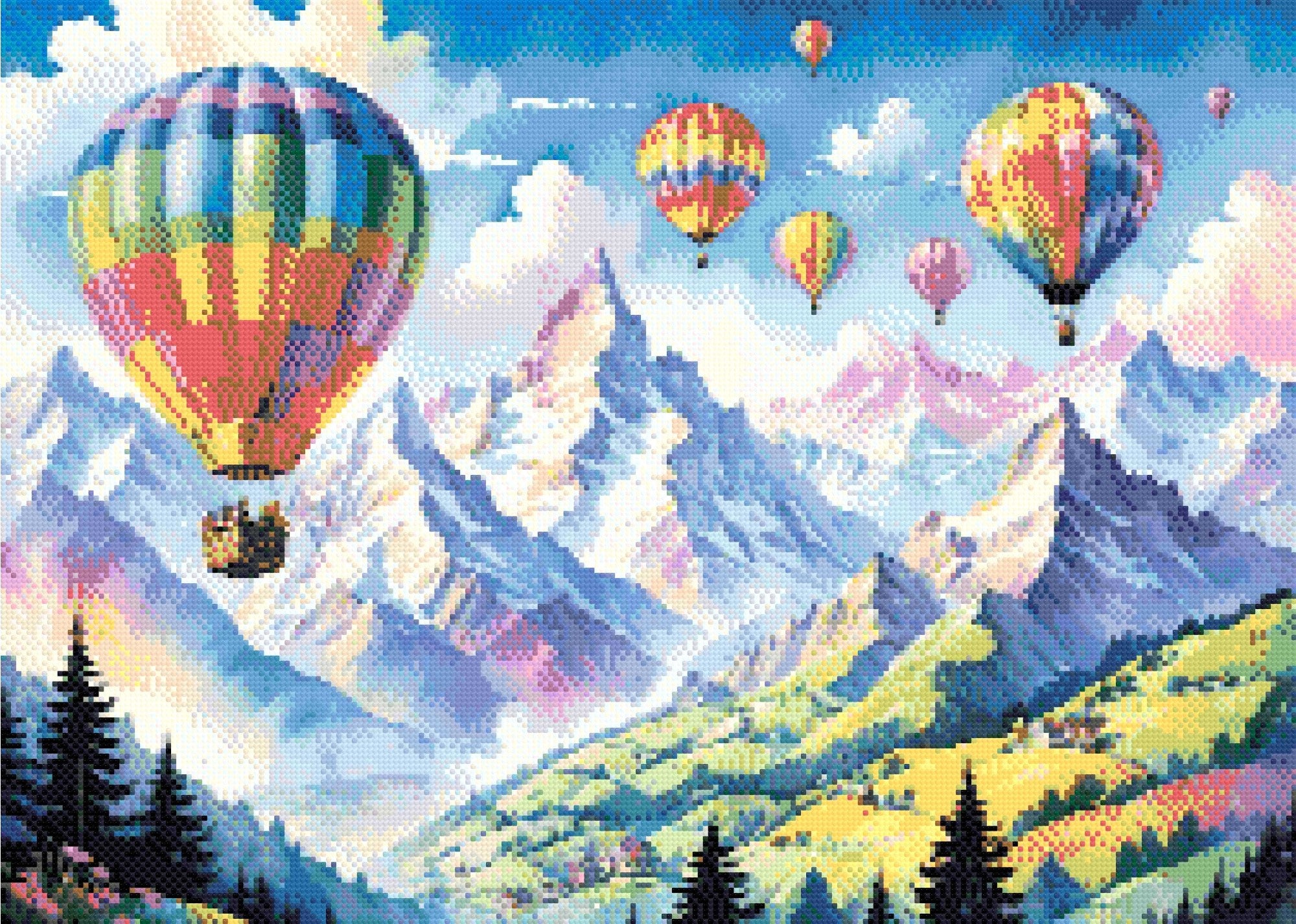 A Diamond Painting Rendering Of Colourful Hot Air Balloons Floating Over A Mountain Landscape With Snow-capped Peaks And Green Rolling Hills. Size - 70cm X 50cm