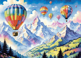 A Diamond Painting Rendering Of Colourful Hot Air Balloons Floating Over A Mountain Landscape With Snow-capped Peaks And Green Rolling Hills. Size - 70cm X 50cm