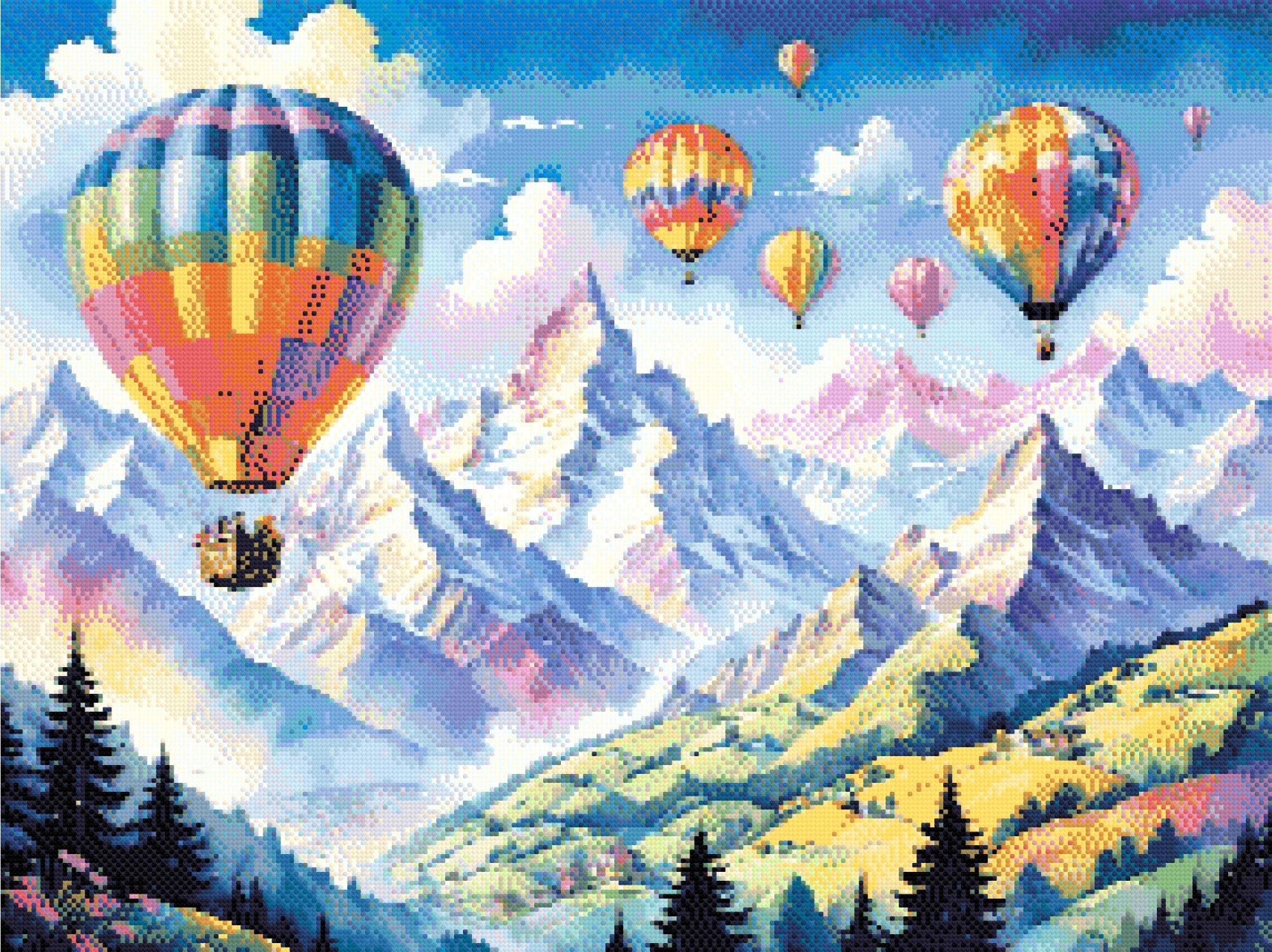 A Diamond Painting Rendering Of Colourful Hot Air Balloons Floating Over A Mountain Landscape With Snow-capped Peaks And Green Rolling Hills. Size - 80cm X 60cm