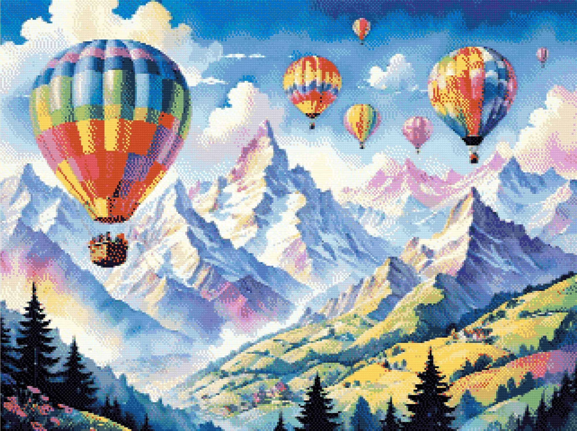 A Diamond Painting Rendering Of Colourful Hot Air Balloons Floating Over A Mountain Landscape With Snow-capped Peaks And Green Rolling Hills. Size - 80cm X 60cm