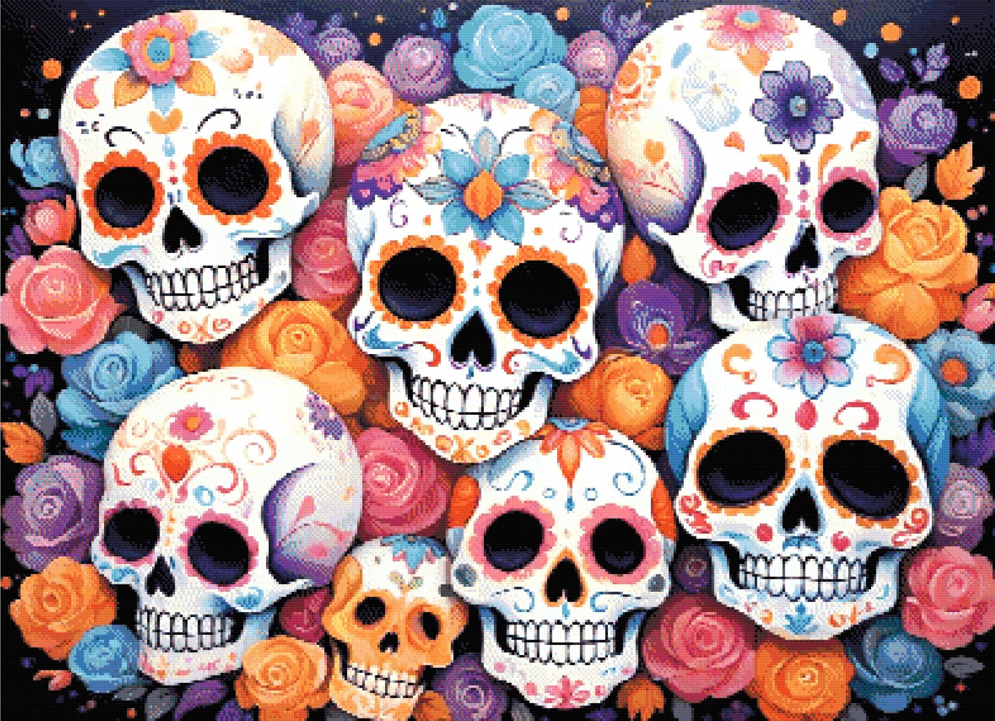 A Diamond Painting Rendering Of Colourful Sugar Skulls With Intricate Floral Patterns, Surrounded By Roses In Shades Of Pink, Orange, And Blue. Size - 110cm X 80cm