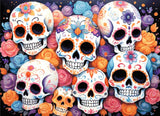 A Diamond Painting Rendering Of Colourful Sugar Skulls With Intricate Floral Patterns, Surrounded By Roses In Shades Of Pink, Orange, And Blue. Size - 110cm X 80cm