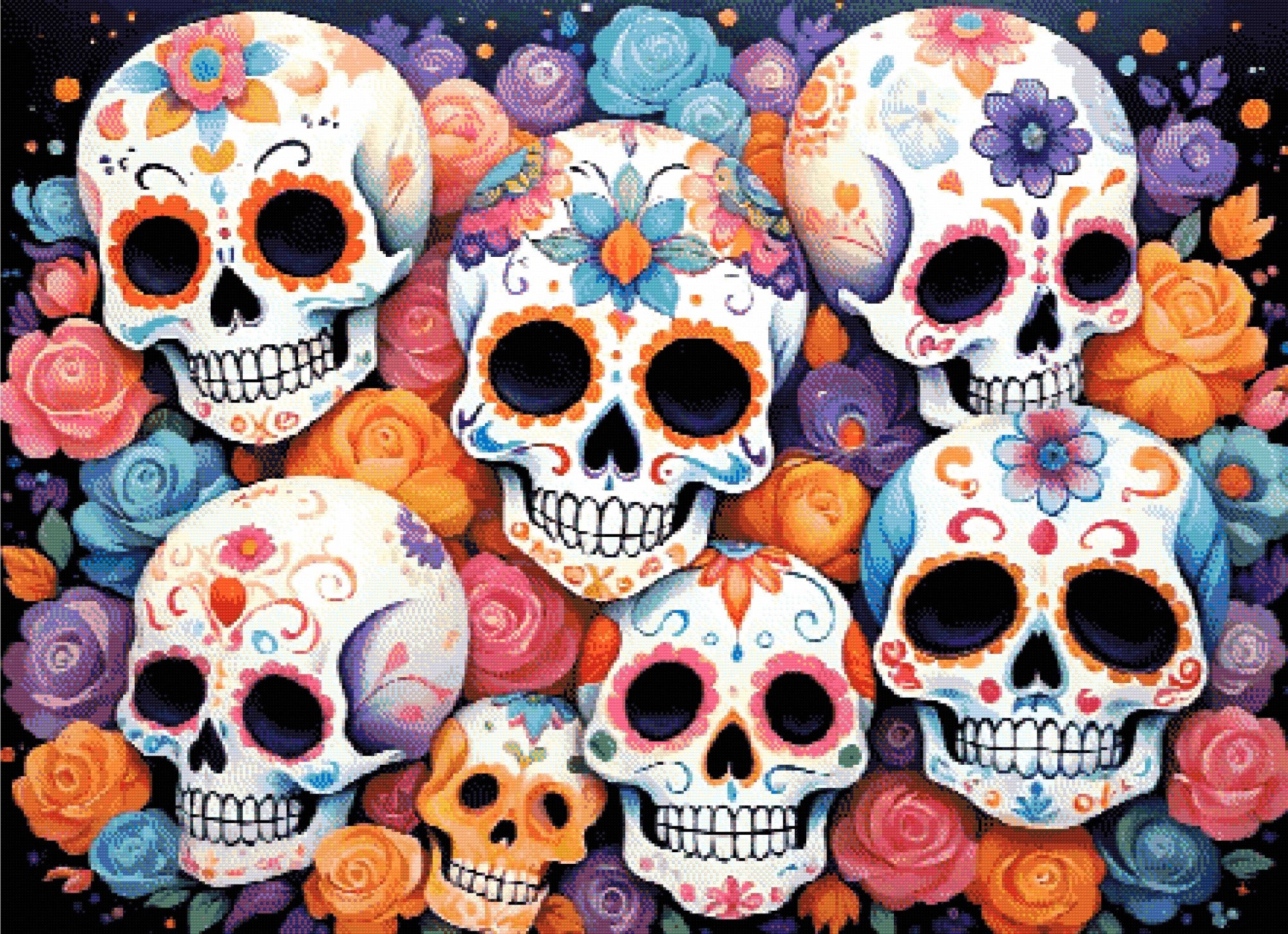 A Diamond Painting Rendering Of Colourful Sugar Skulls With Intricate Floral Patterns, Surrounded By Roses In Shades Of Pink, Orange, And Blue. Size - 110cm X 80cm