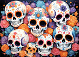 A Diamond Painting Rendering Of Colourful Sugar Skulls With Intricate Floral Patterns, Surrounded By Roses In Shades Of Pink, Orange, And Blue. Size - 110cm X 80cm