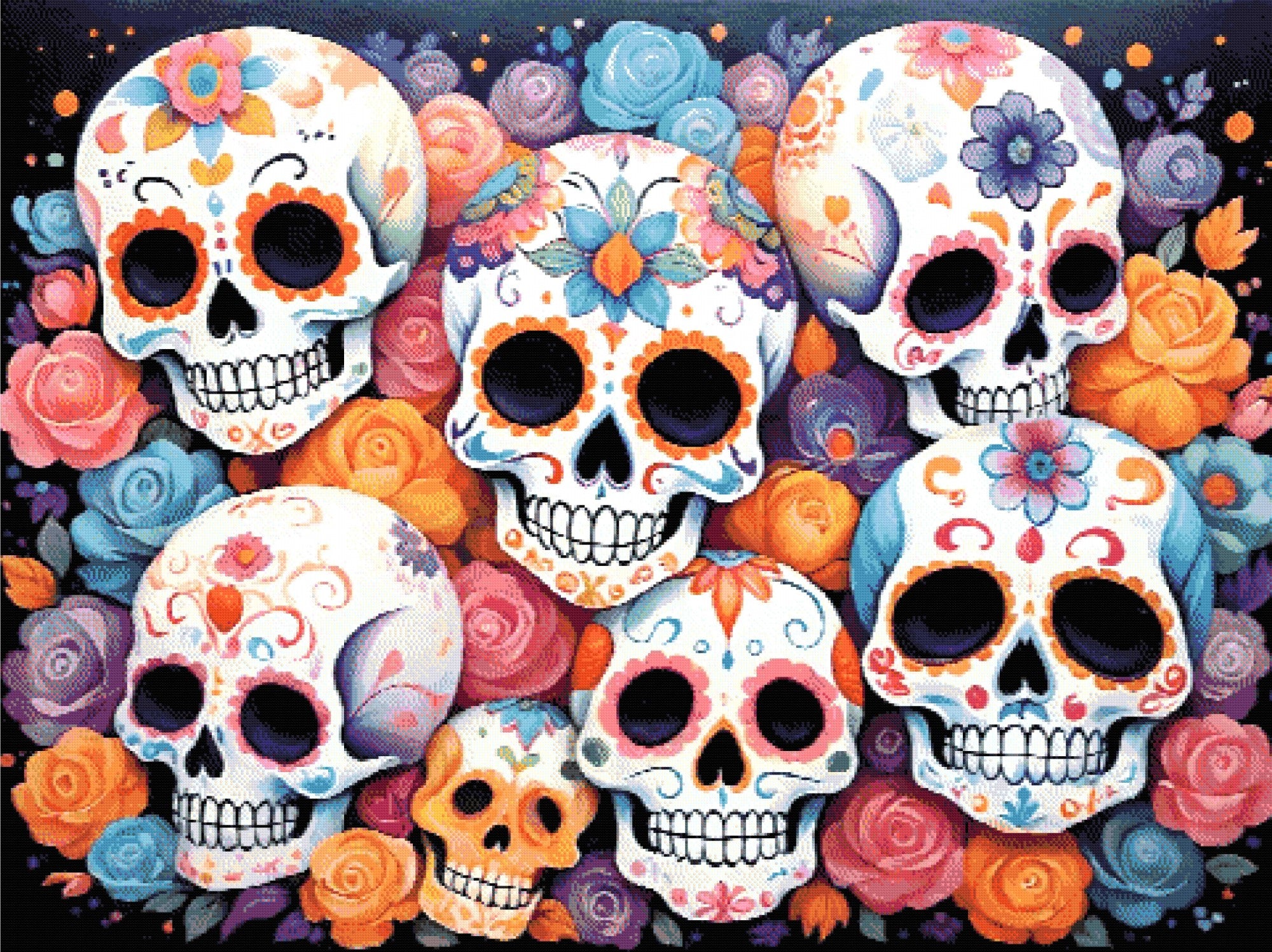 A Diamond Painting Rendering Of Colourful Sugar Skulls With Intricate Floral Patterns, Surrounded By Roses In Shades Of Pink, Orange, And Blue. Size - 120cm X 90cm