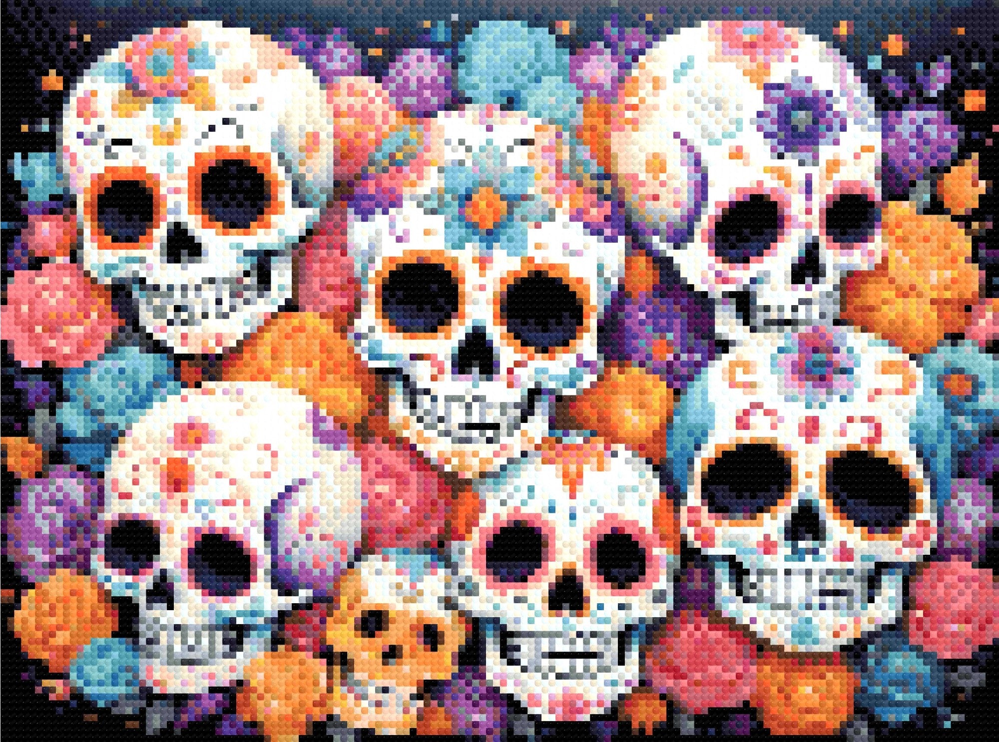 A Diamond Painting Rendering Of Colourful Sugar Skulls With Intricate Floral Patterns, Surrounded By Roses In Shades Of Pink, Orange, And Blue. Size - 40cm X 30cm