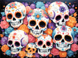 A Diamond Painting Rendering Of Colourful Sugar Skulls With Intricate Floral Patterns, Surrounded By Roses In Shades Of Pink, Orange, And Blue. Size - 40cm X 30cm