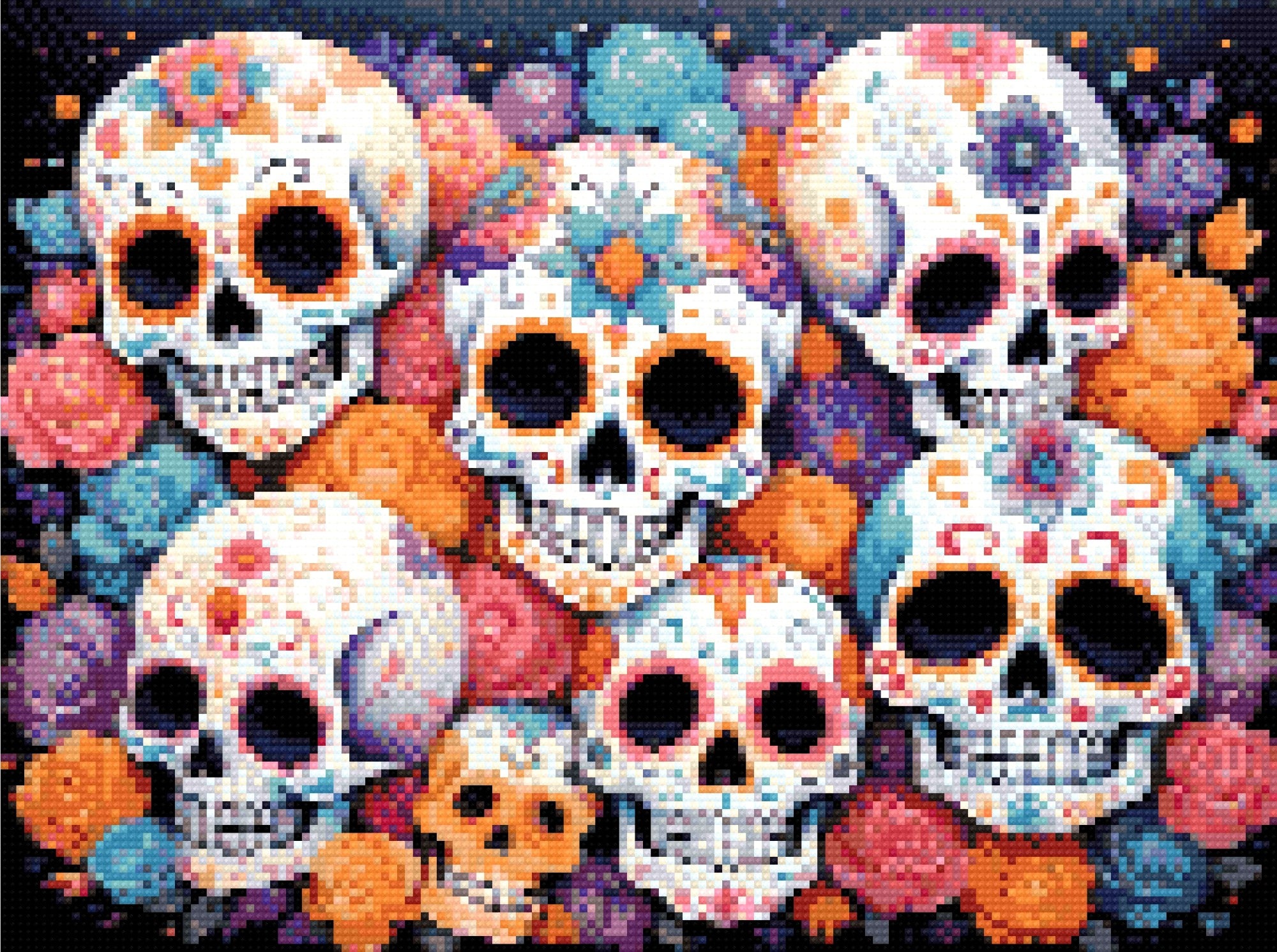 A Diamond Painting Rendering Of Colourful Sugar Skulls With Intricate Floral Patterns, Surrounded By Roses In Shades Of Pink, Orange, And Blue. Size - 40cm X 30cm