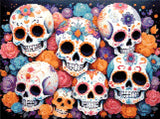 A Diamond Painting Rendering Of Colourful Sugar Skulls With Intricate Floral Patterns, Surrounded By Roses In Shades Of Pink, Orange, And Blue. Size - 40cm X 30cm