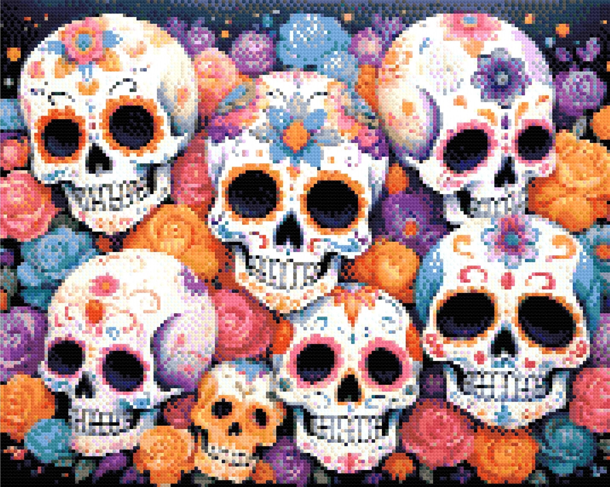 A Diamond Painting Rendering Of Colourful Sugar Skulls With Intricate Floral Patterns, Surrounded By Roses In Shades Of Pink, Orange, And Blue. Size - 50cm X 40cm