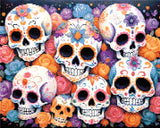 A Diamond Painting Rendering Of Colourful Sugar Skulls With Intricate Floral Patterns, Surrounded By Roses In Shades Of Pink, Orange, And Blue. Size - 50cm X 40cm