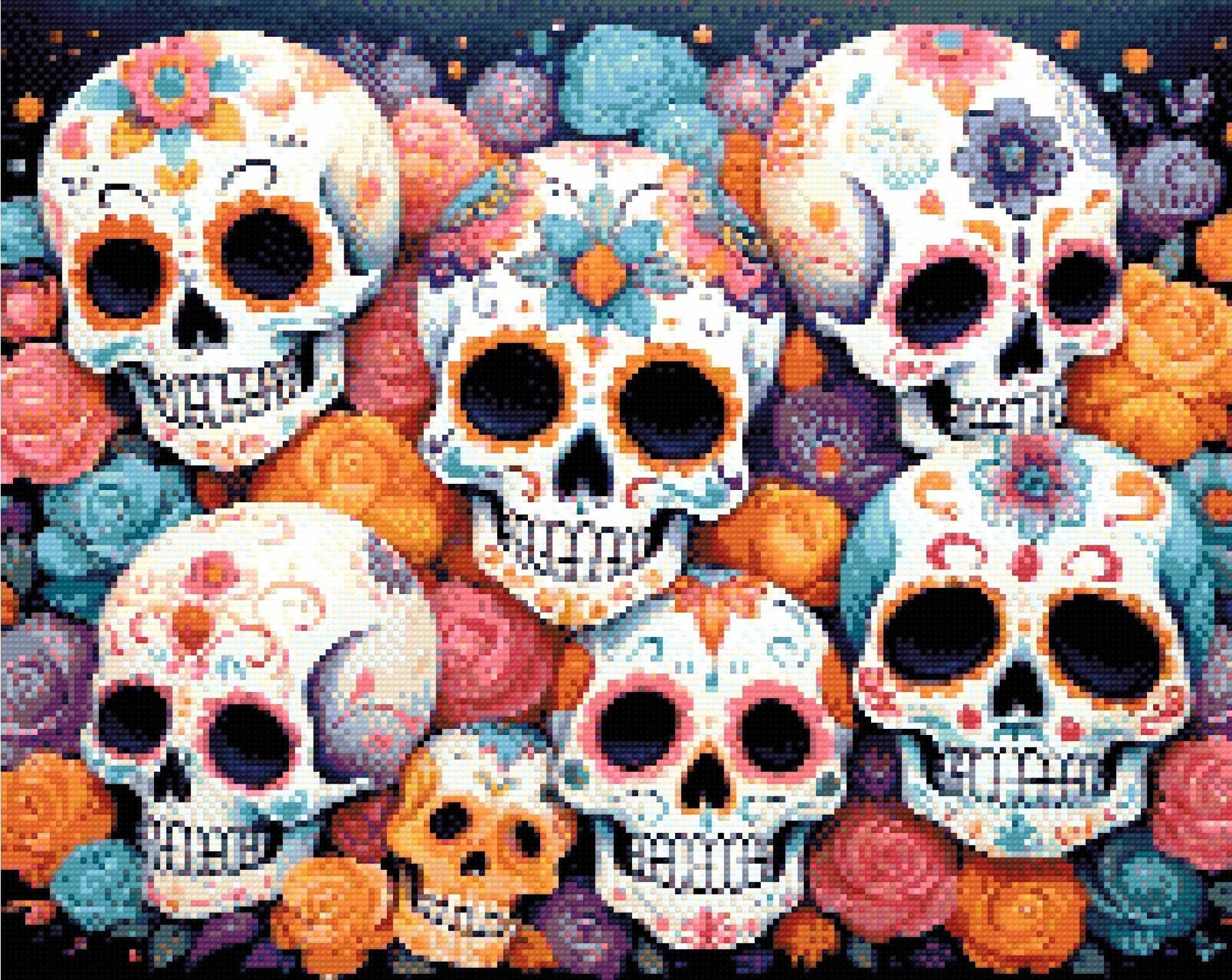 A Diamond Painting Rendering Of Colourful Sugar Skulls With Intricate Floral Patterns, Surrounded By Roses In Shades Of Pink, Orange, And Blue. Size - 50cm X 40cm