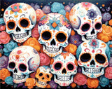 A Diamond Painting Rendering Of Colourful Sugar Skulls With Intricate Floral Patterns, Surrounded By Roses In Shades Of Pink, Orange, And Blue. Size - 50cm X 40cm