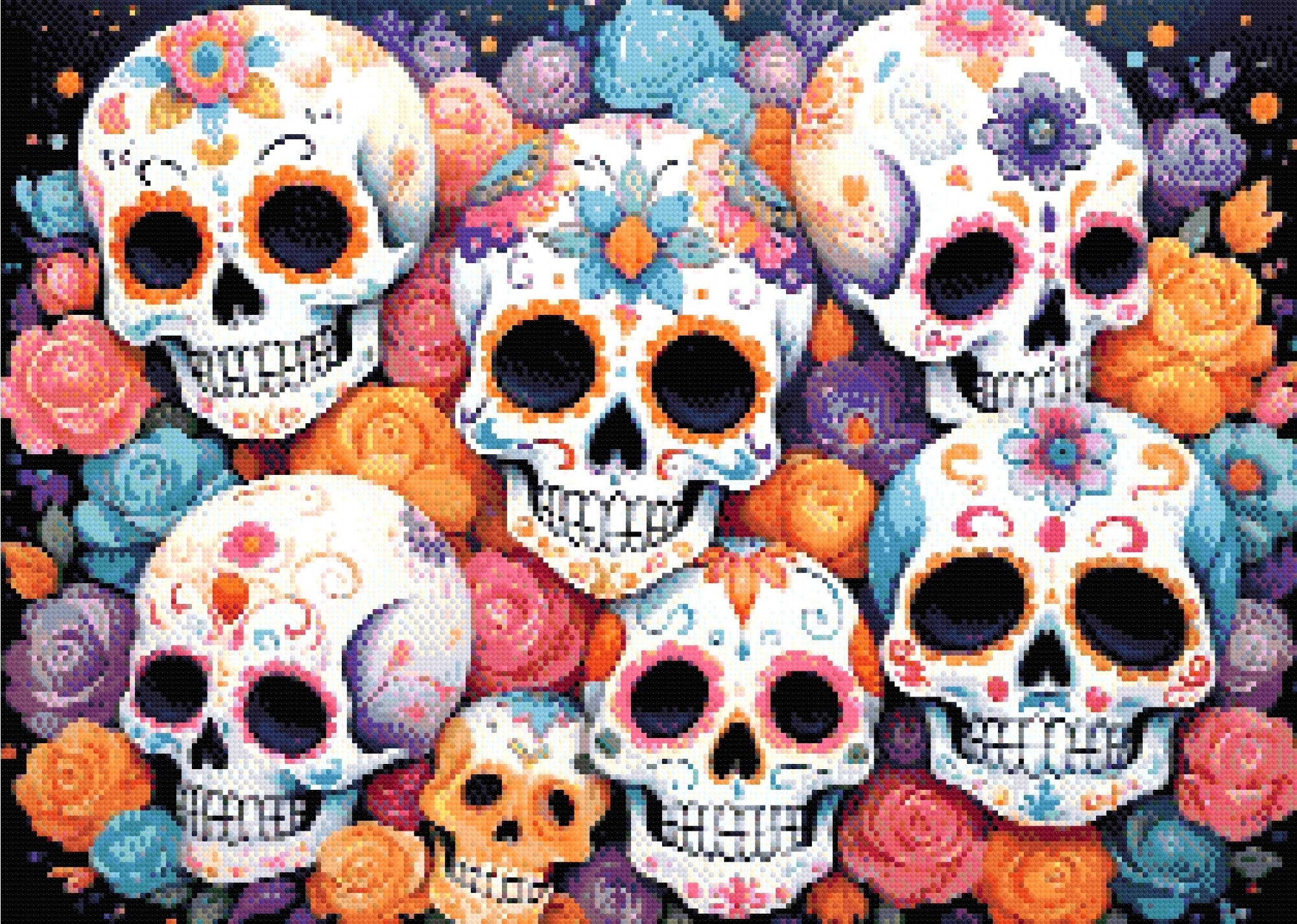 A Diamond Painting Rendering Of Colourful Sugar Skulls With Intricate Floral Patterns, Surrounded By Roses In Shades Of Pink, Orange, And Blue. Size - 70cm X 50cm