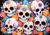 A Diamond Painting Rendering Of Colourful Sugar Skulls With Intricate Floral Patterns, Surrounded By Roses In Shades Of Pink, Orange, And Blue. Size - 70cm X 50cm
