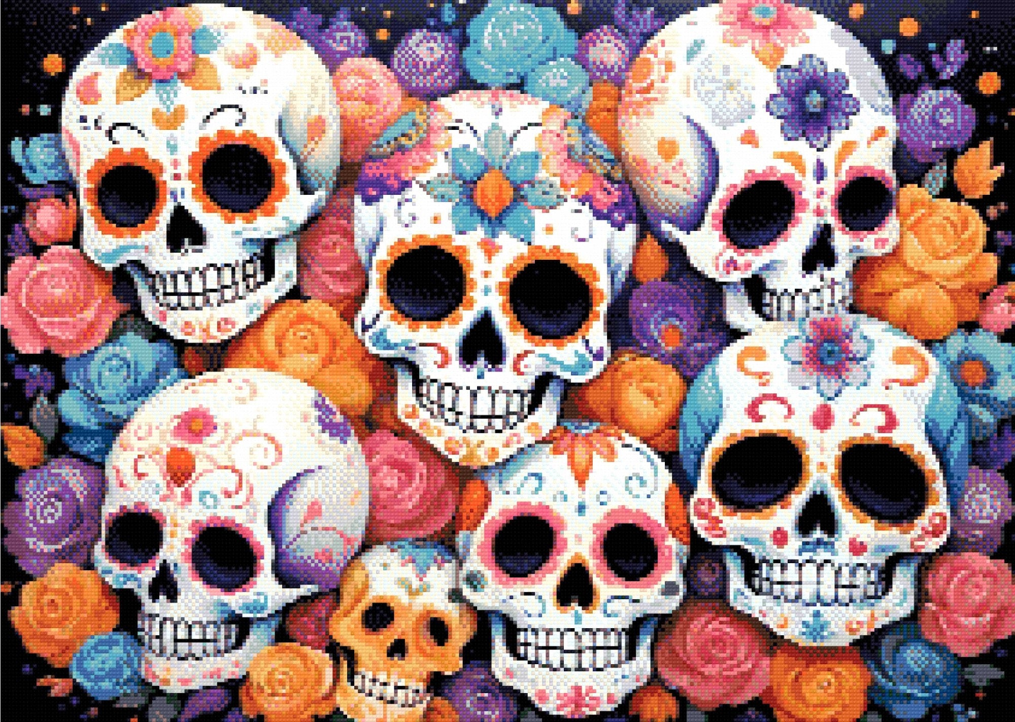 A Diamond Painting Rendering Of Colourful Sugar Skulls With Intricate Floral Patterns, Surrounded By Roses In Shades Of Pink, Orange, And Blue. Size - 70cm X 50cm