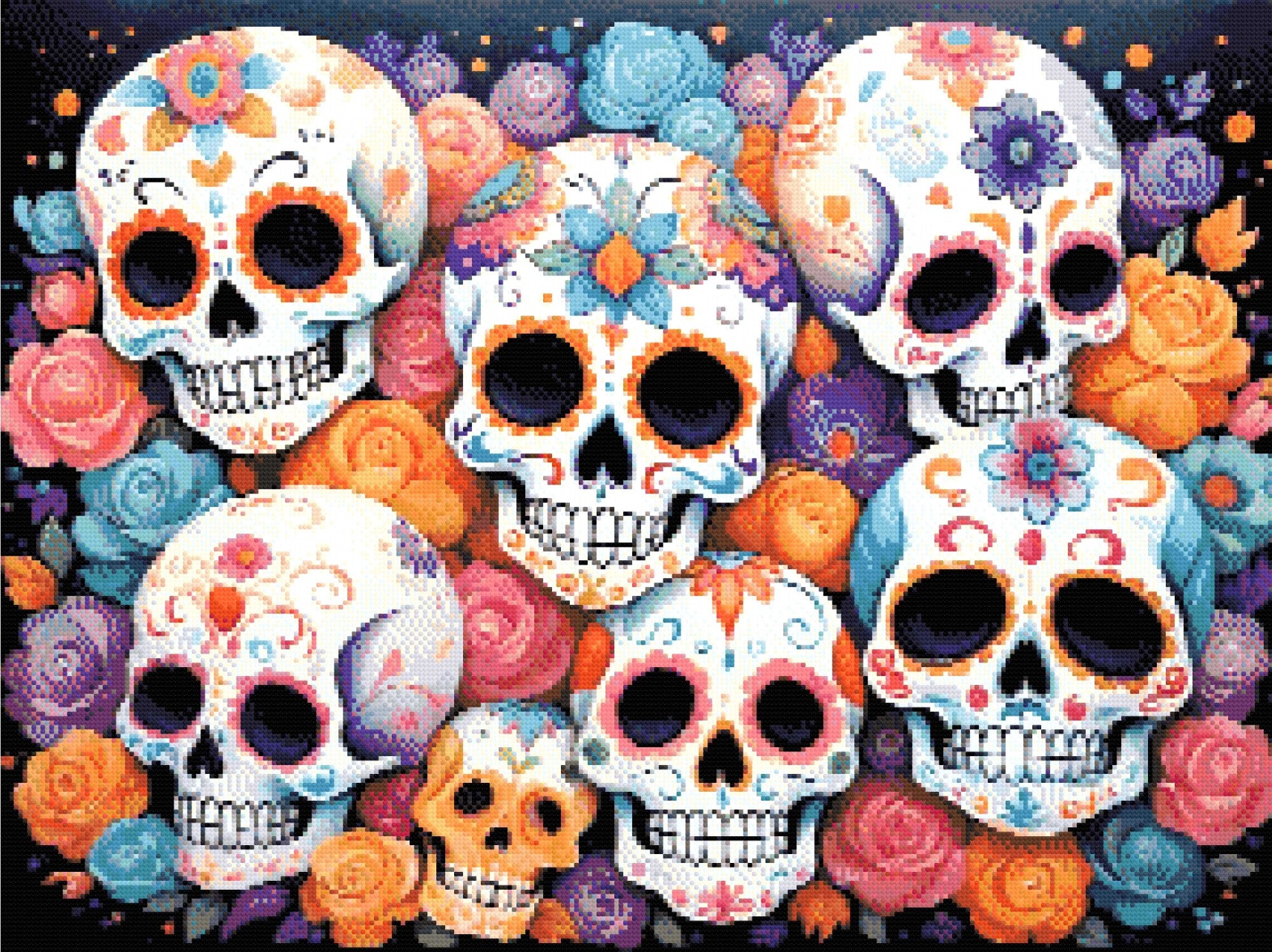 A Diamond Painting Rendering Of Colourful Sugar Skulls With Intricate Floral Patterns, Surrounded By Roses In Shades Of Pink, Orange, And Blue. Size - 80cm X 60cm