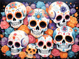 A Diamond Painting Rendering Of Colourful Sugar Skulls With Intricate Floral Patterns, Surrounded By Roses In Shades Of Pink, Orange, And Blue. Size - 80cm X 60cm
