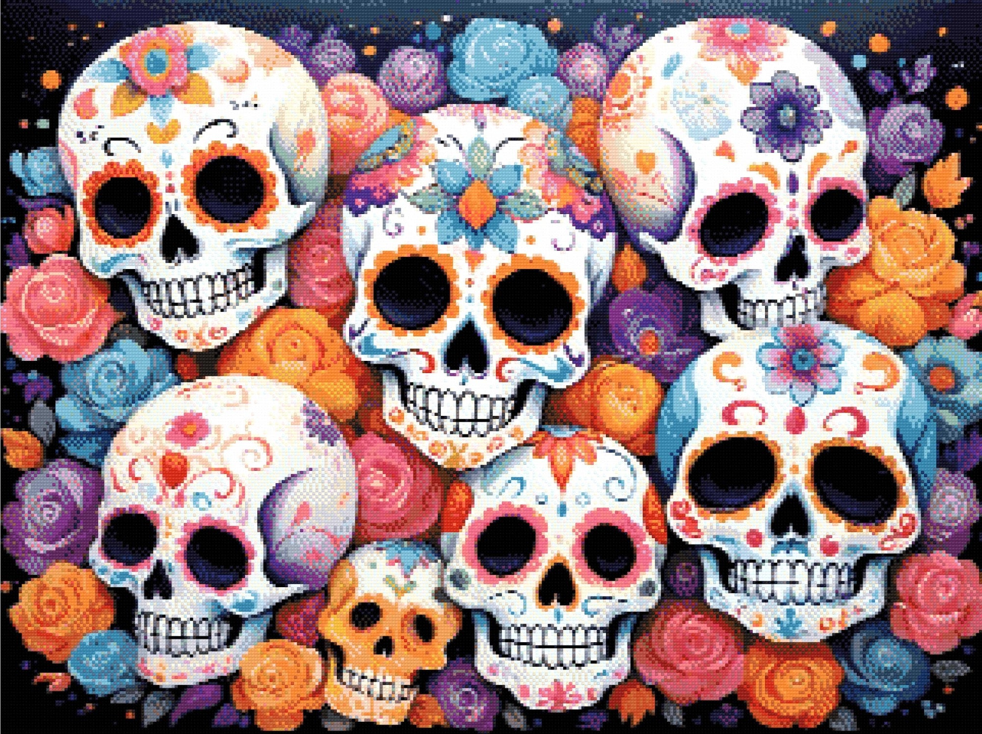 A Diamond Painting Rendering Of Colourful Sugar Skulls With Intricate Floral Patterns, Surrounded By Roses In Shades Of Pink, Orange, And Blue. Size - 80cm X 60cm