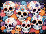 A Diamond Painting Rendering Of Colourful Sugar Skulls With Intricate Floral Patterns, Surrounded By Roses In Shades Of Pink, Orange, And Blue. Size - 80cm X 60cm