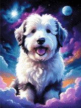 A Diamond Painting Rendering Of Fluffy Dog Sitting Amidst Colourful Clouds And A Starry Sky With A Moon In The Background. Size - 30cm X 40cm
