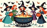 A Diamond Painting Rendering Of Four Cheerful Witches In Colourful Dresses And Hats Gather Around A Flaming Cauldron, Surrounded By Butterflies. Size - 100cm X 60cm