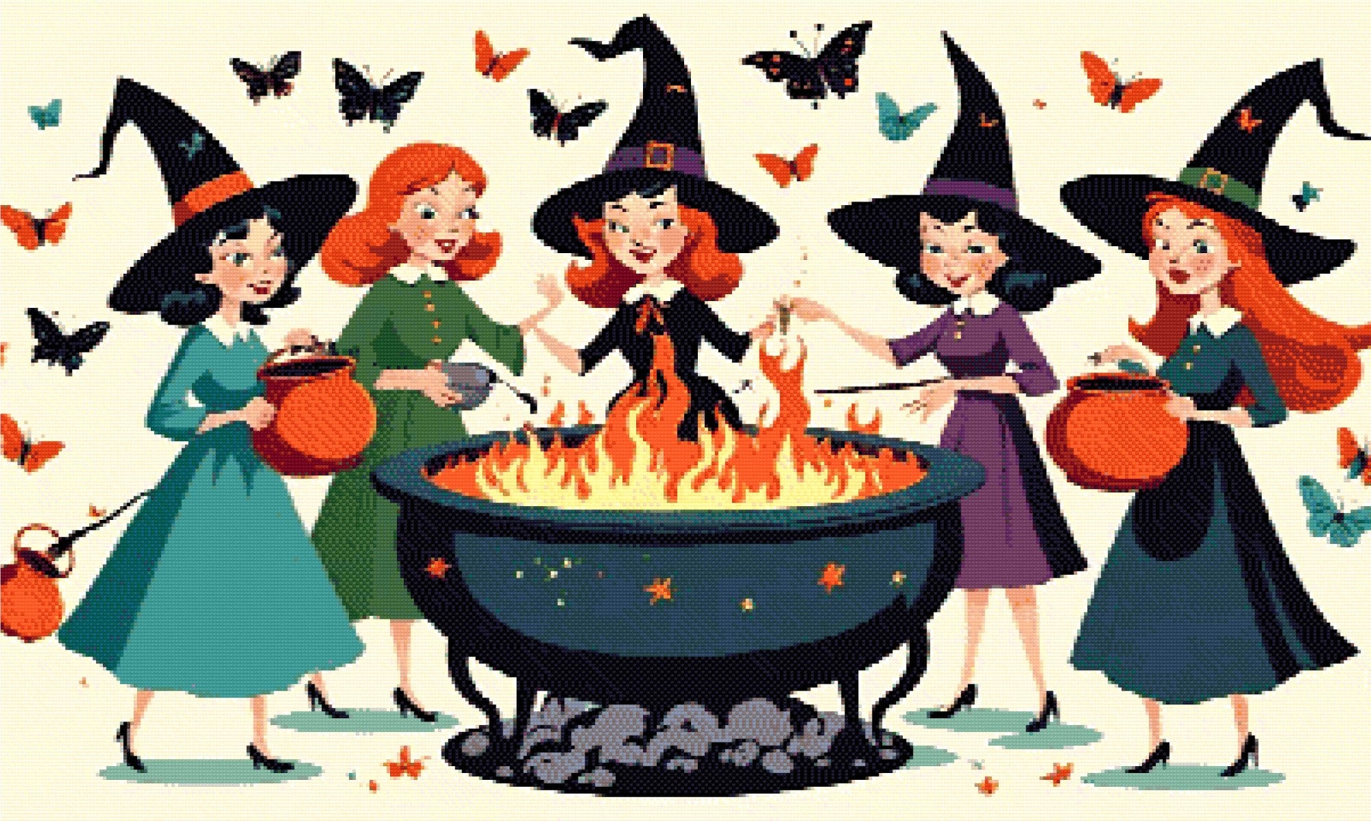 A Diamond Painting Rendering Of Four Cheerful Witches In Colourful Dresses And Hats Gather Around A Flaming Cauldron, Surrounded By Butterflies. Size - 100cm X 60cm