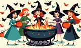 A Diamond Painting Rendering Of Four Cheerful Witches In Colourful Dresses And Hats Gather Around A Flaming Cauldron, Surrounded By Butterflies. Size - 100cm X 60cm