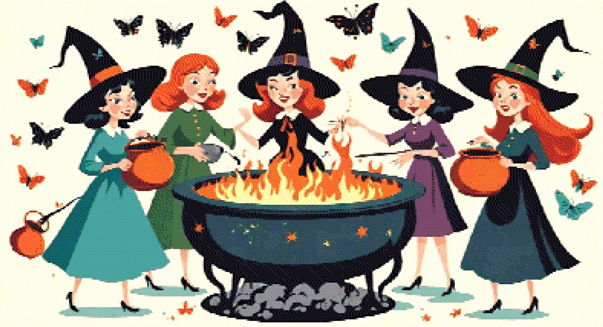 A Diamond Painting Rendering Of Four Cheerful Witches In Colourful Dresses And Hats Gather Around A Flaming Cauldron, Surrounded By Butterflies. Size - 110cm X 60cm