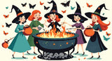 A Diamond Painting Rendering Of Four Cheerful Witches In Colourful Dresses And Hats Gather Around A Flaming Cauldron, Surrounded By Butterflies. Size - 110cm X 60cm
