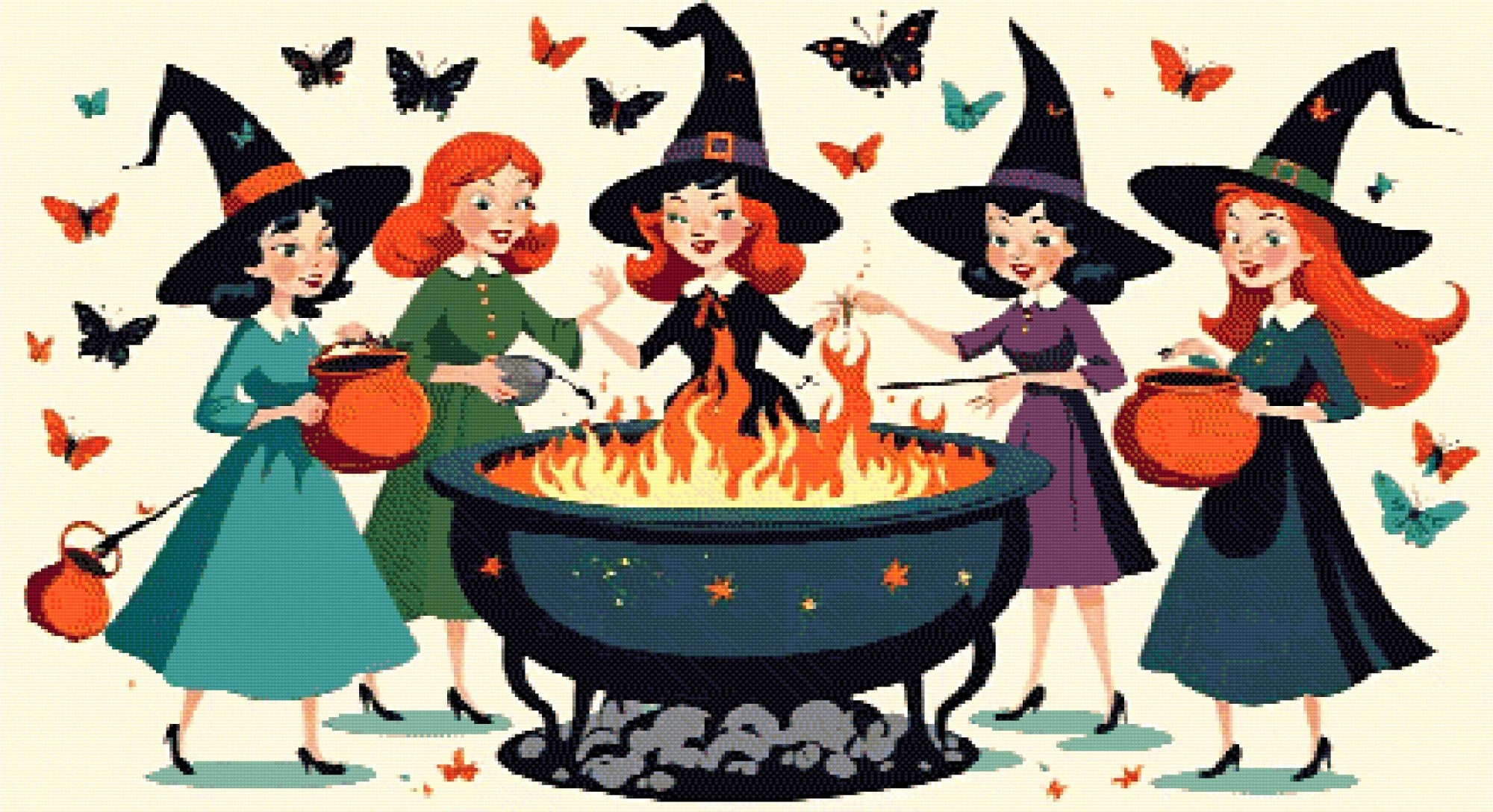 A Diamond Painting Rendering Of Four Cheerful Witches In Colourful Dresses And Hats Gather Around A Flaming Cauldron, Surrounded By Butterflies. Size - 110cm X 60cm