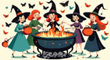 A Diamond Painting Rendering Of Four Cheerful Witches In Colourful Dresses And Hats Gather Around A Flaming Cauldron, Surrounded By Butterflies. Size - 110cm X 60cm