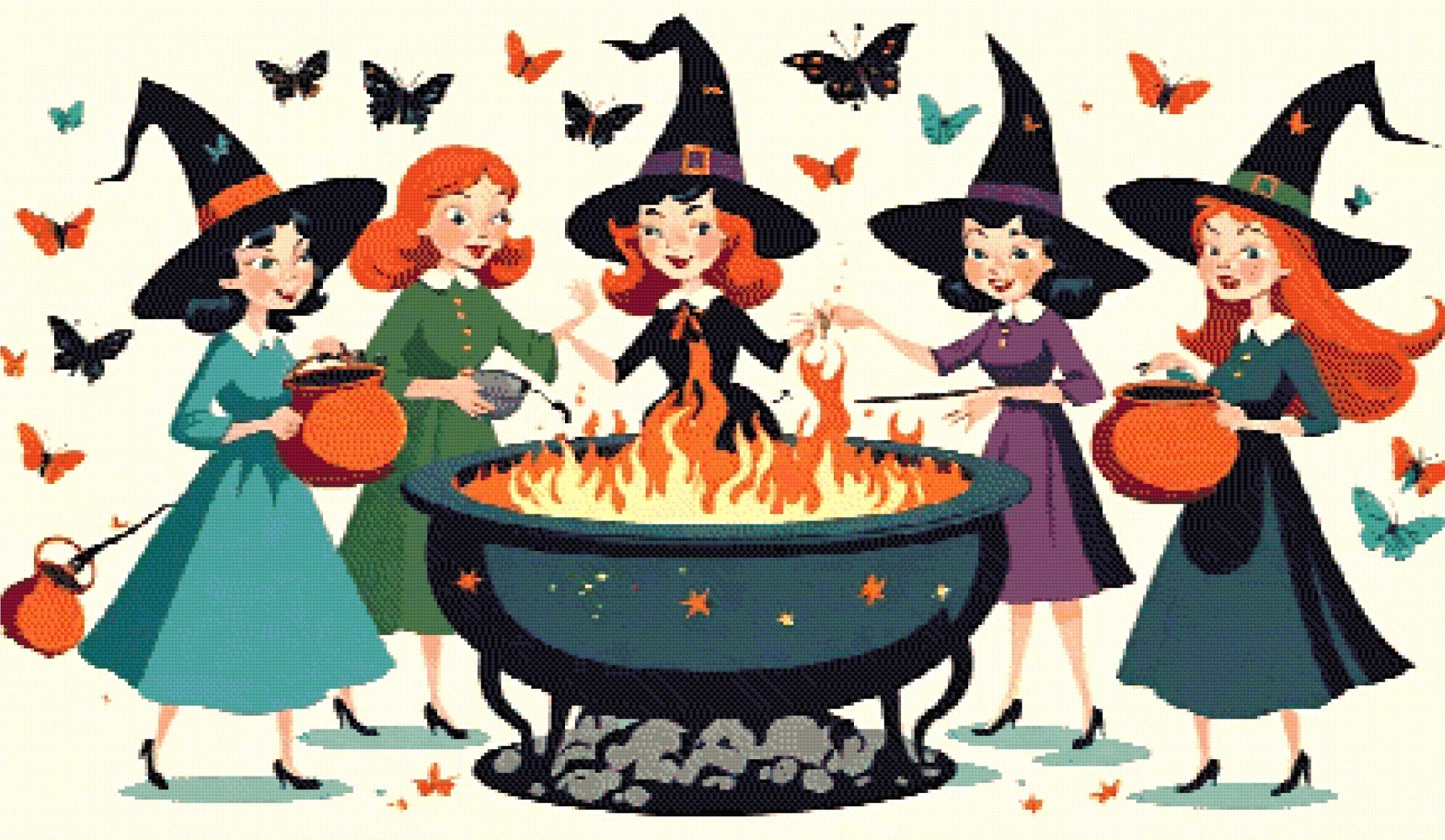 A Diamond Painting Rendering Of Four Cheerful Witches In Colourful Dresses And Hats Gather Around A Flaming Cauldron, Surrounded By Butterflies. Size - 120cm X 70cm