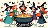 A Diamond Painting Rendering Of Four Cheerful Witches In Colourful Dresses And Hats Gather Around A Flaming Cauldron, Surrounded By Butterflies. Size - 120cm X 70cm
